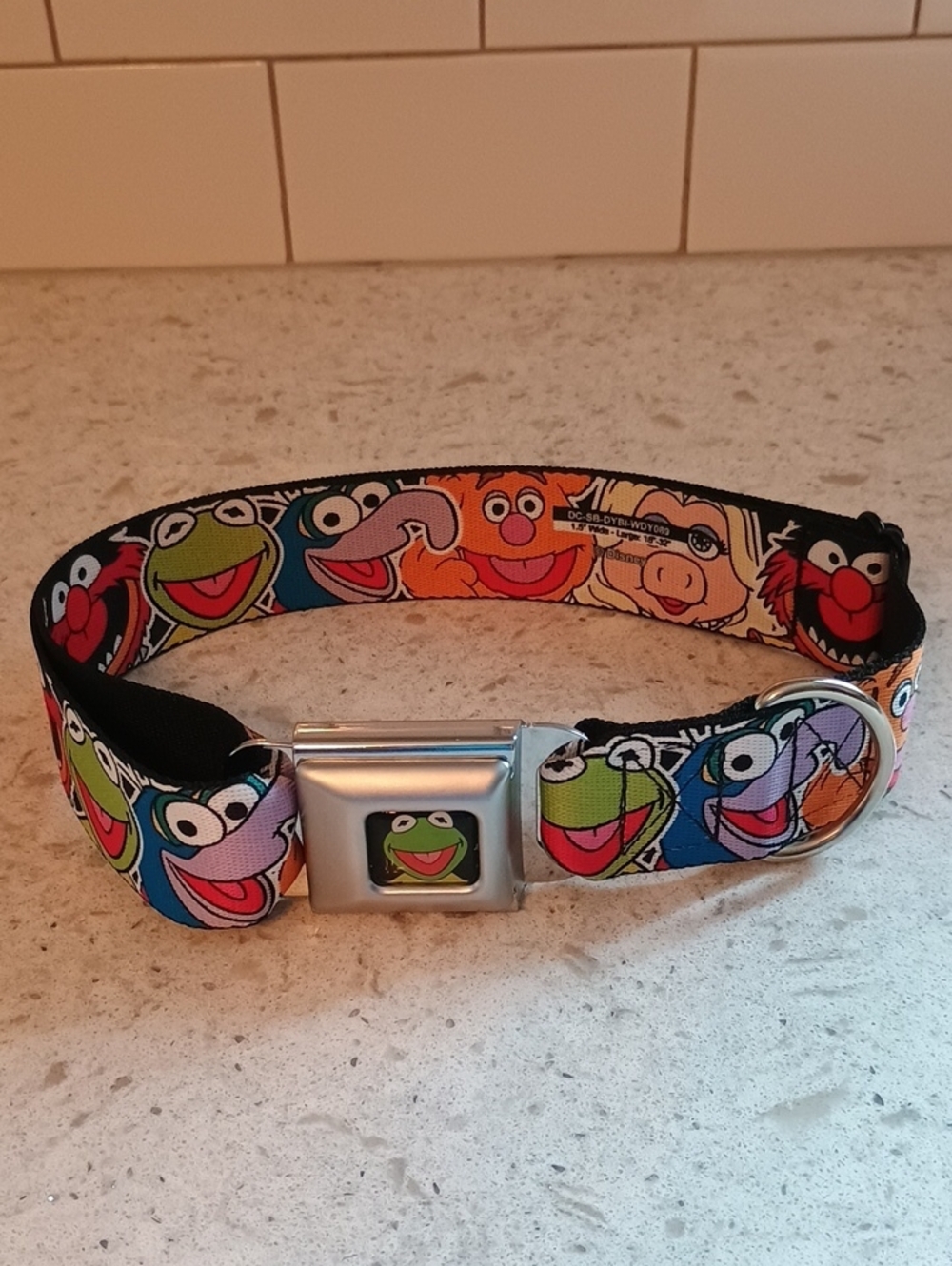 Disney Buckle Down Large Pet Collar with Colorful Muppet Characters -Black Strap
